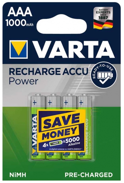 Аккумулятор Varta RECHARGEABLE ACCU AAA 1000mAh BLI 4 NI-MH (READY 2 USE)